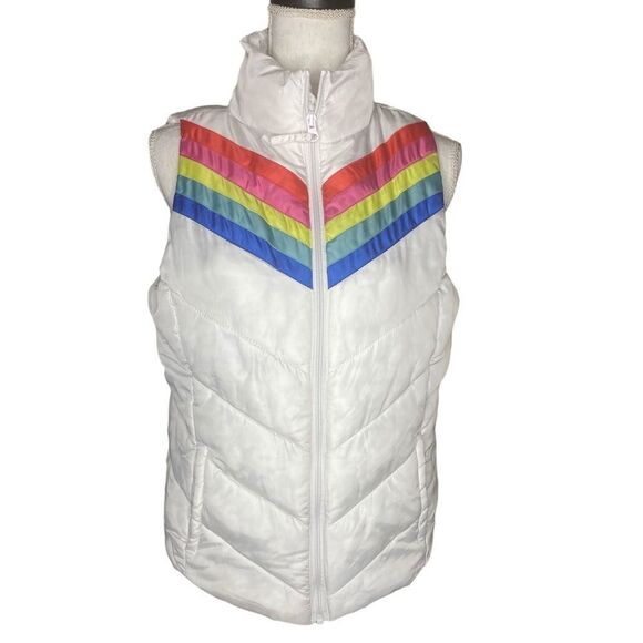 SO Wm’s Sz Med White Rainbow Front Full Zip Pockets Puffer Vest - Picture 1 of 6